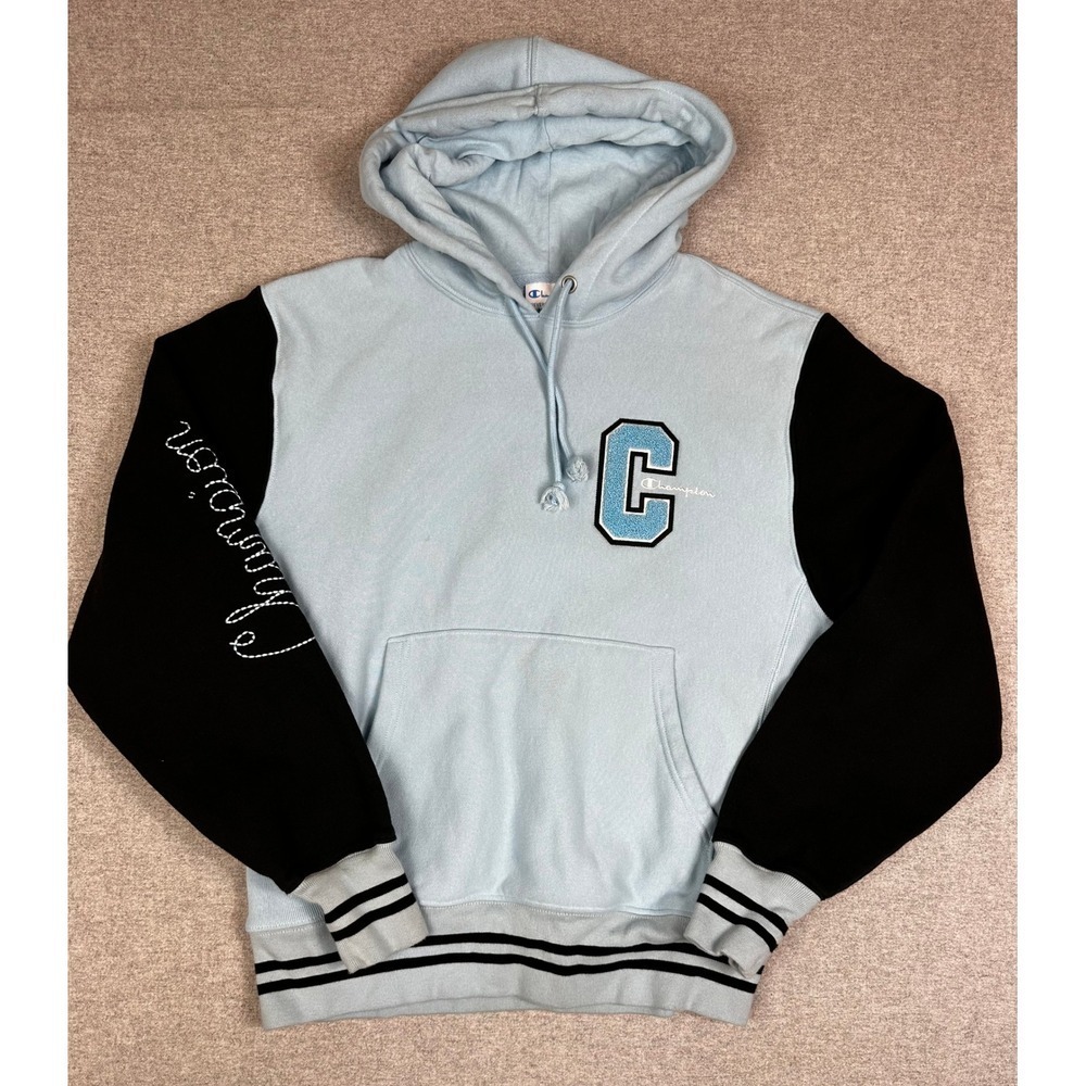 VTG Champion Hoodie Medium Blue Reverse Weave Puff Logo Varsity Sweatshirt Y2K
